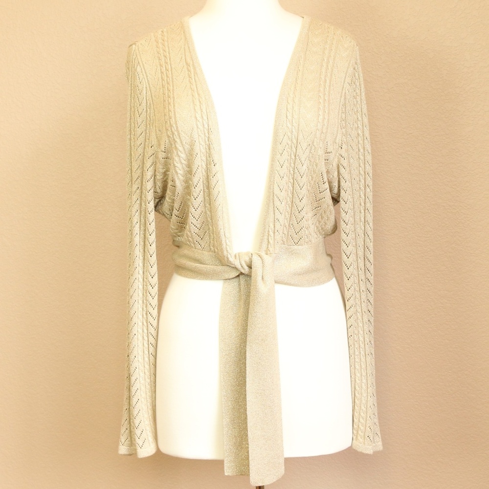 SOLD Shimmering Gold Front Tie Cardigan Sweater